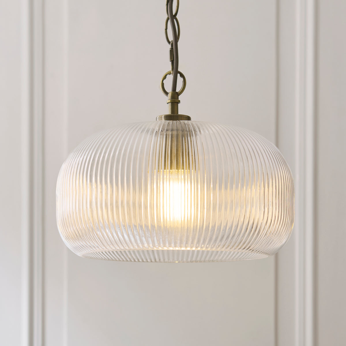 Harborne Single Drop Pendant in Antique Brass with Clear Ribbed Glass