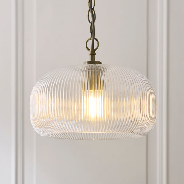 Harborne Single Drop Pendant in Antique Brass with Clear Ribbed Glass