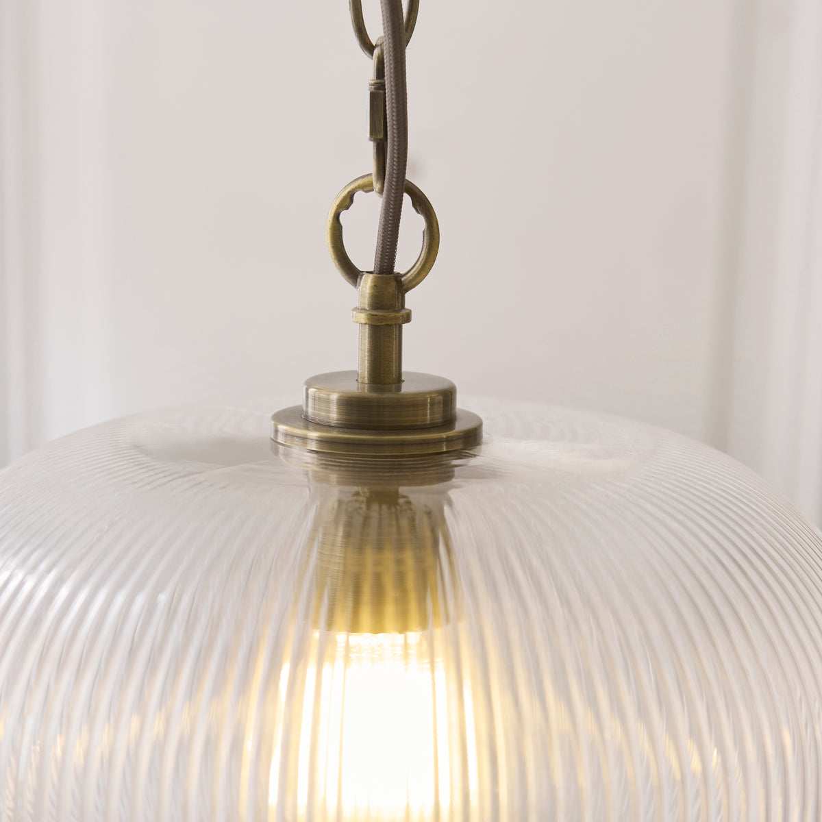 Harborne Single Drop Pendant in Antique Brass with Clear Ribbed Glass