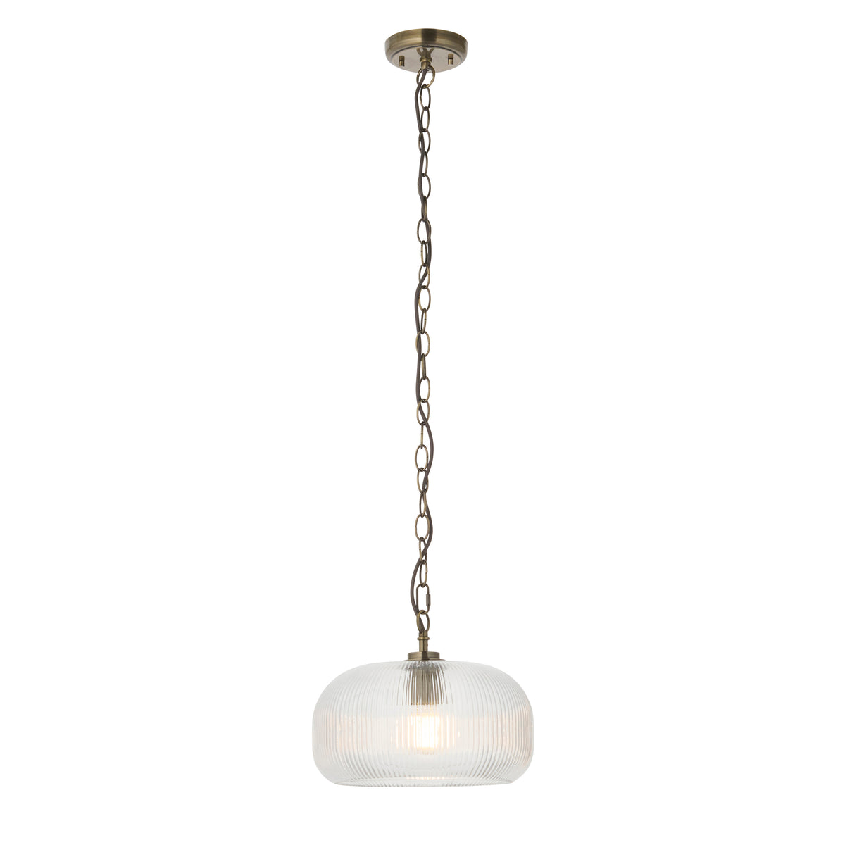 Harborne Single Drop Pendant in Antique Brass with Clear Ribbed Glass