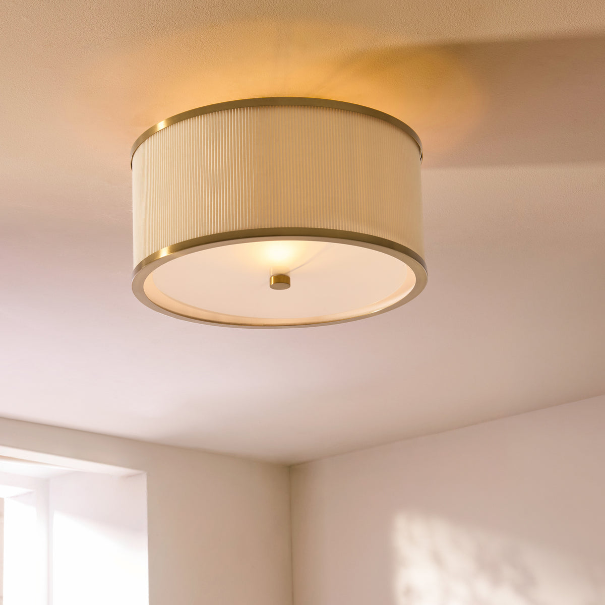 Lexi Flush Ceiling Light in Aged Brass with Ivory Micro Pleated Shade