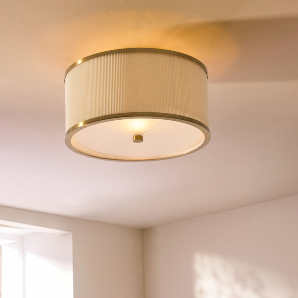 Lexi Flush Ceiling Light in Aged Brass with Ivory Micro Pleated Shade