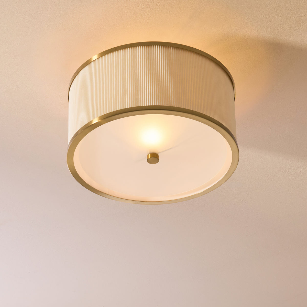 Lexi Flush Ceiling Light in Aged Brass with Ivory Micro Pleated Shade