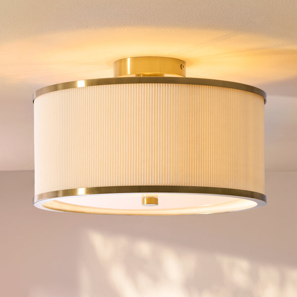Lexi Flush Ceiling Light in Aged Brass with Ivory Micro Pleated Shade