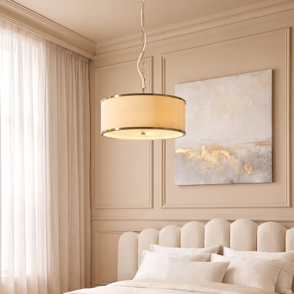 Lexi Three Light Pendant in Aged Brass with Ivory Micro Pleated Shade