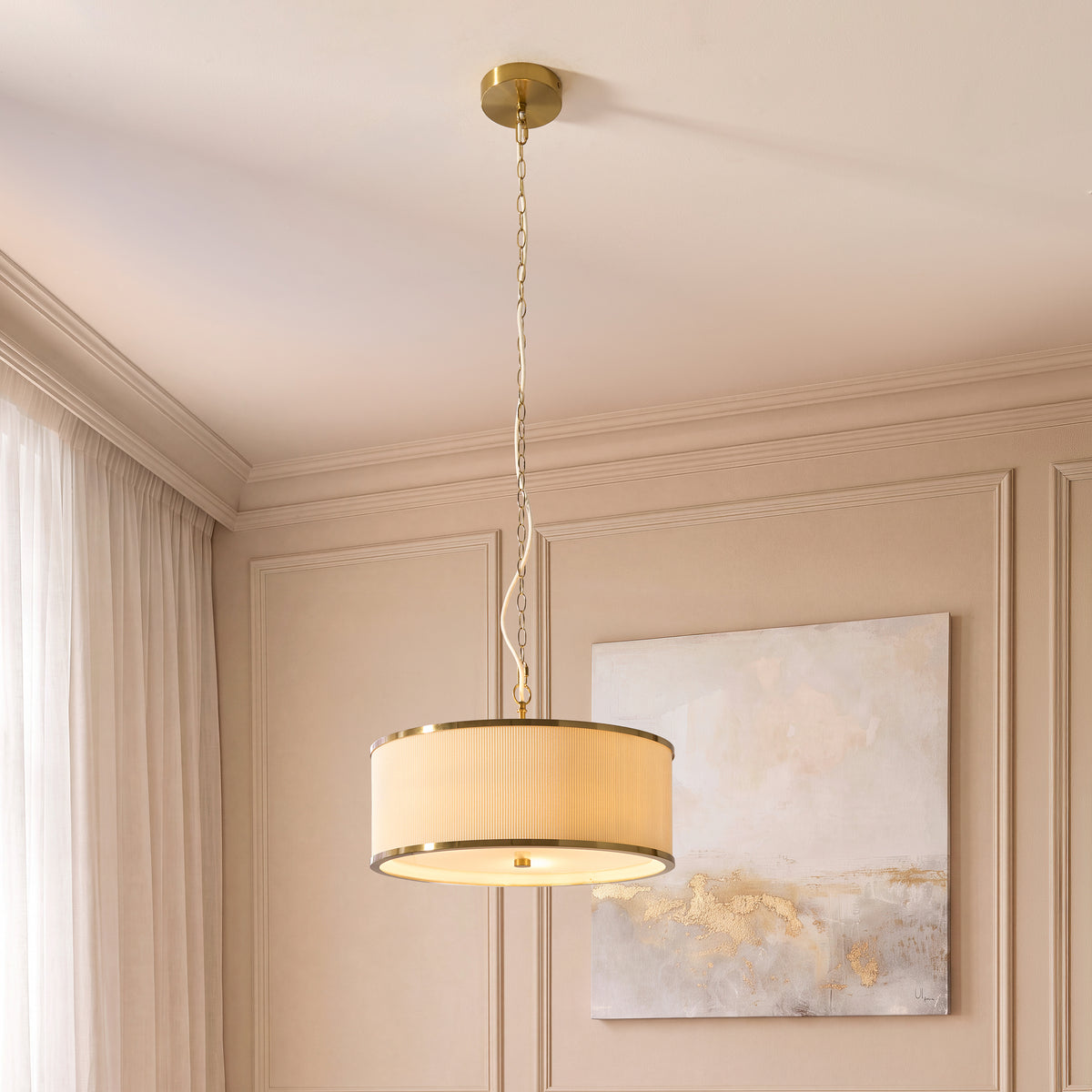 Lexi Three Light Pendant in Aged Brass with Ivory Micro Pleated Shade