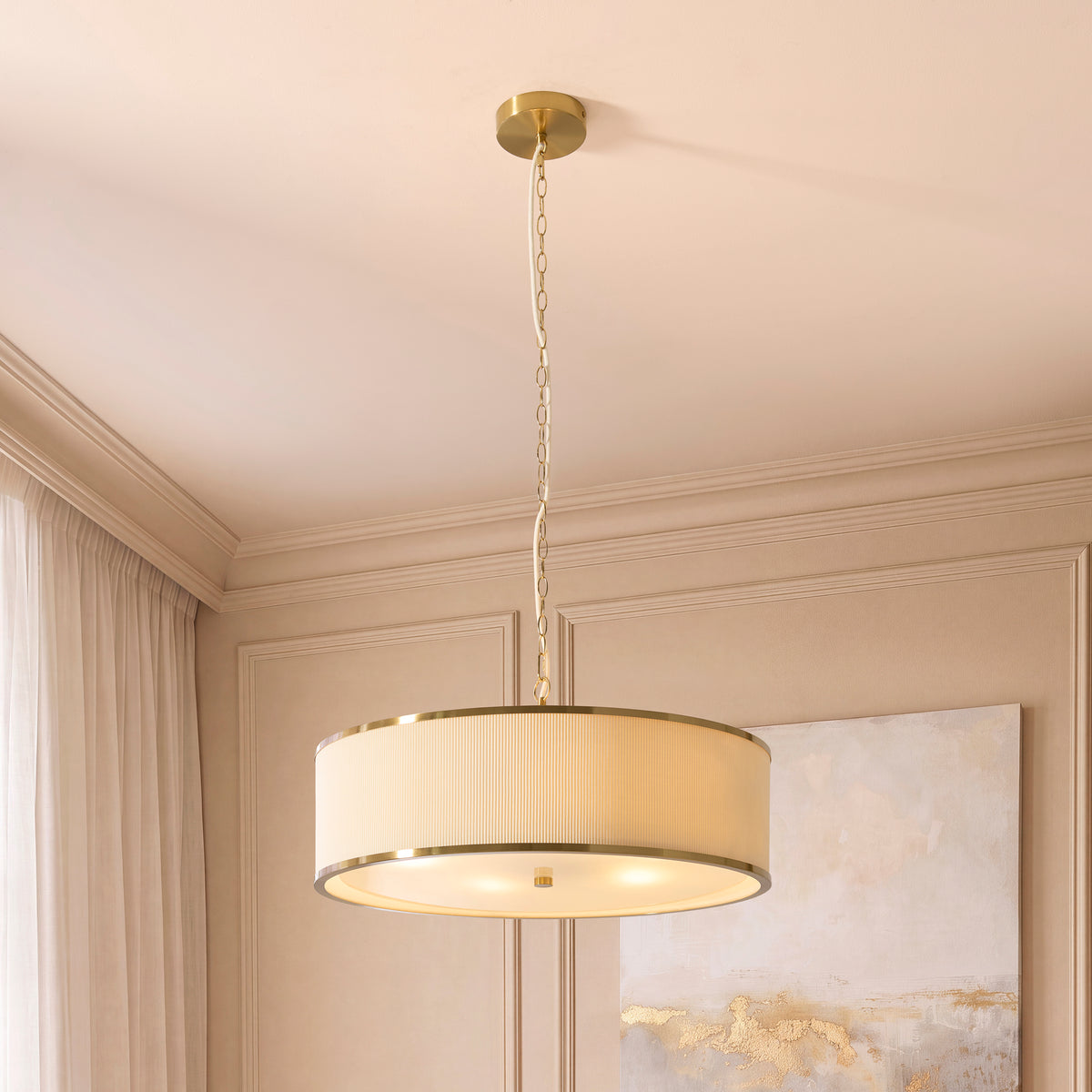 Lexi Five Light Pendant in Aged Brass with Ivory Micro Pleated Shade