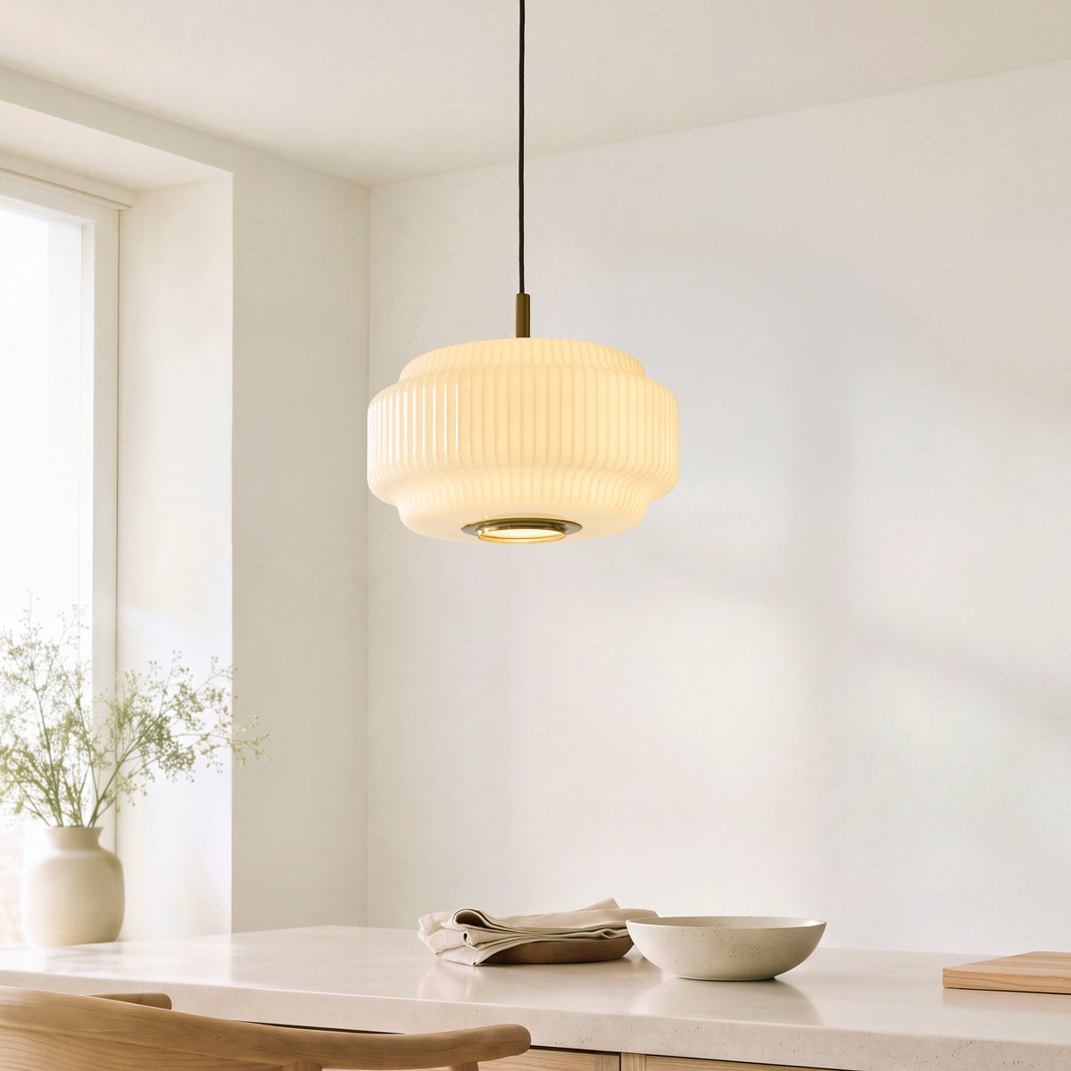 Evora 340 Single Drop Pendant in Brushed Aged Brass with Gloss Opal Ribbed Glass