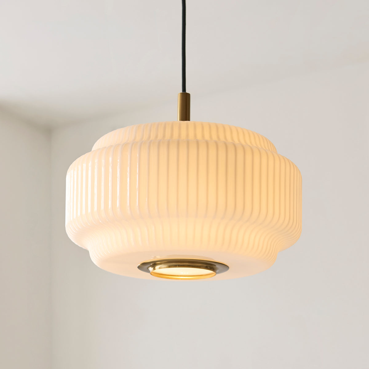 Evora 340 Single Drop Pendant in Brushed Aged Brass with Gloss Opal Ribbed Glass