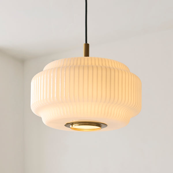 Evora 340 Single Drop Pendant in Brushed Aged Brass with Gloss Opal Ribbed Glass