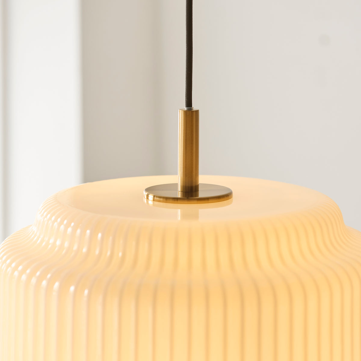 Evora 340 Single Drop Pendant in Brushed Aged Brass with Gloss Opal Ribbed Glass