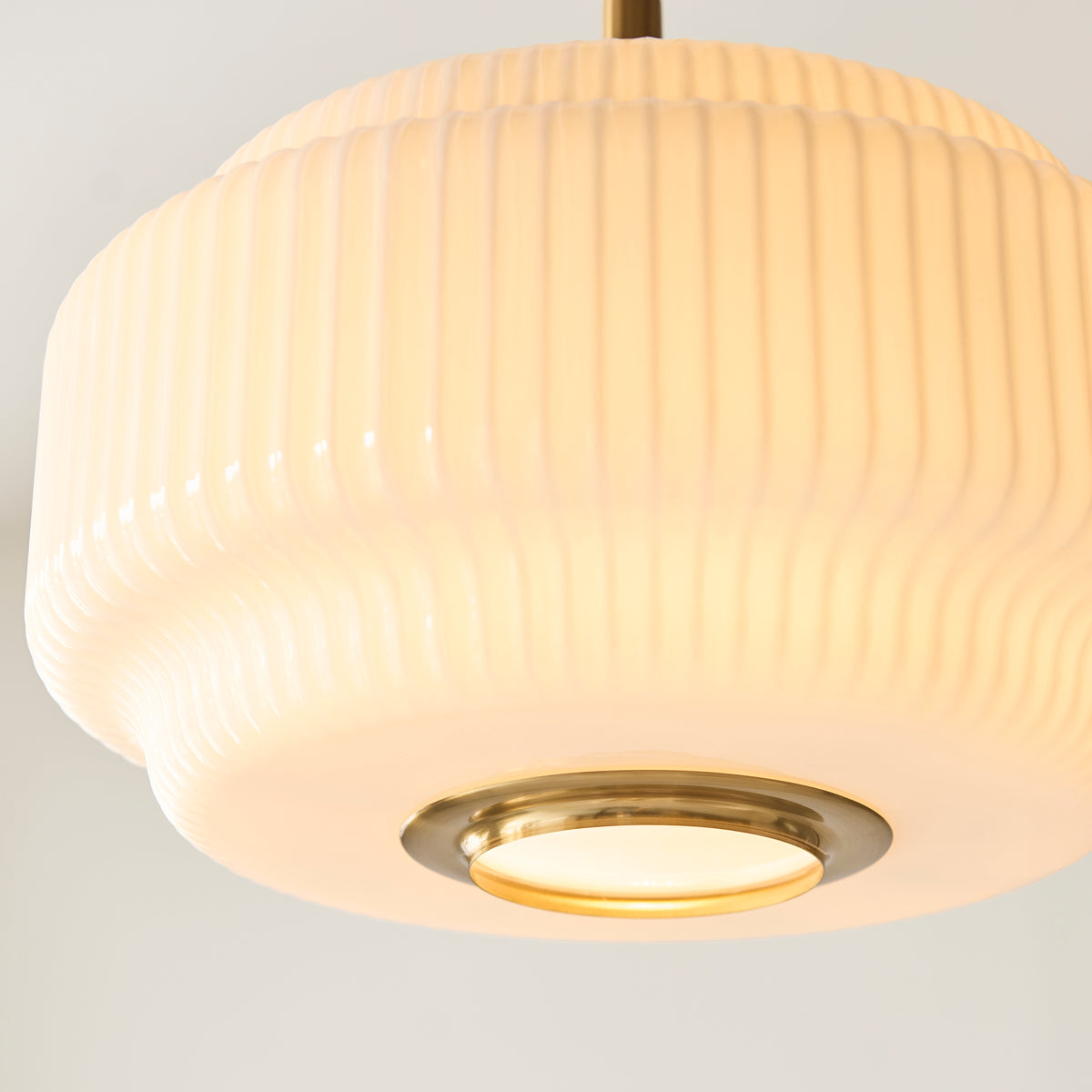 Evora 340 Single Drop Pendant in Brushed Aged Brass with Gloss Opal Ribbed Glass