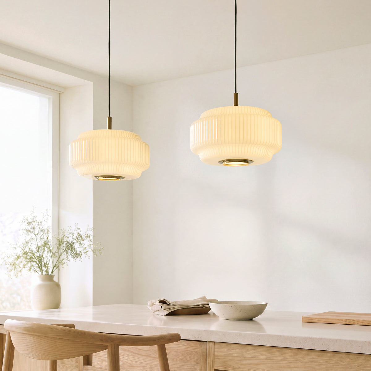 Evora 340 Single Drop Pendant in Brushed Aged Brass with Gloss Opal Ribbed Glass