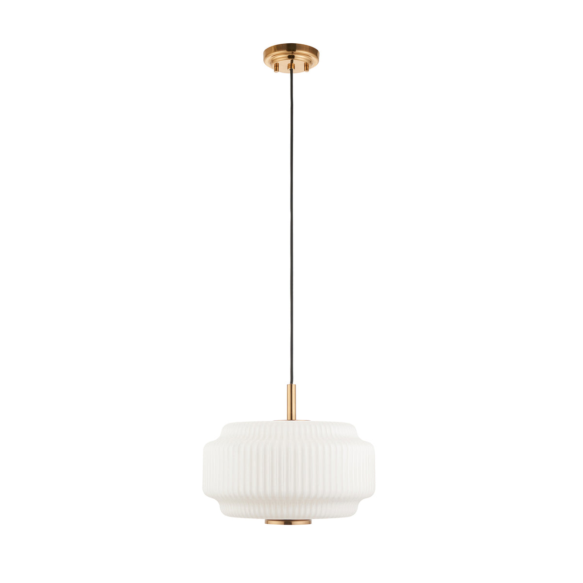 Evora 340 Single Drop Pendant in Brushed Aged Brass with Gloss Opal Ribbed Glass