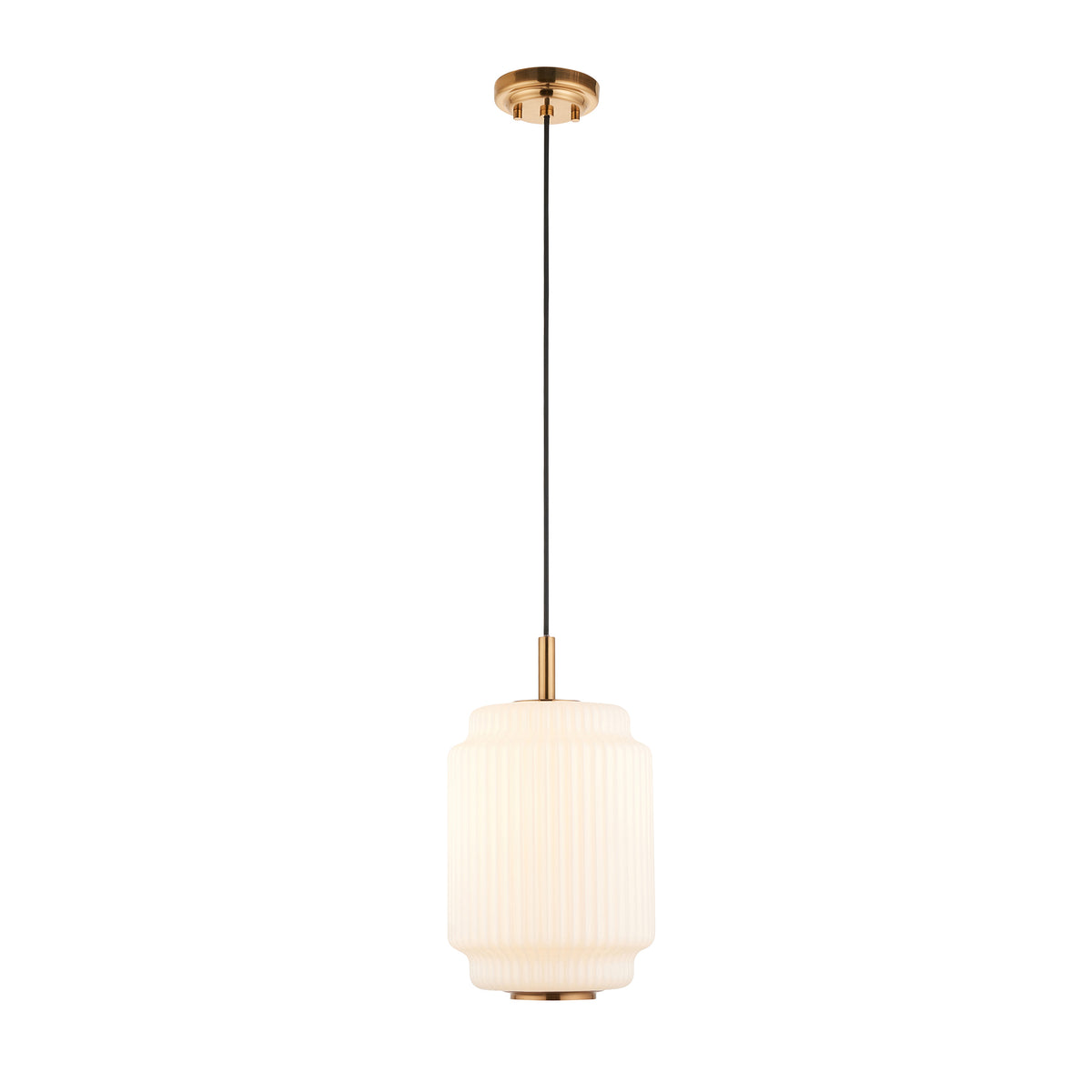Evora 220 Single Drop Pendant in Brushed Aged Brass with Gloss Opal Ribbed Glass