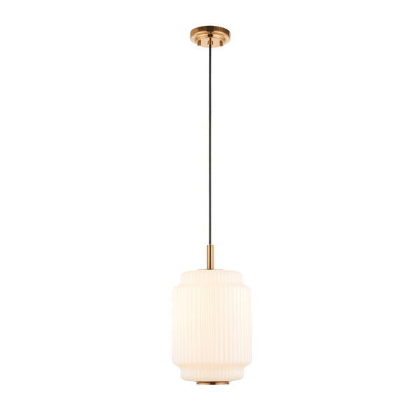 Evora 220 Single Drop Pendant in Brushed Aged Brass with Gloss Opal Ribbed Glass