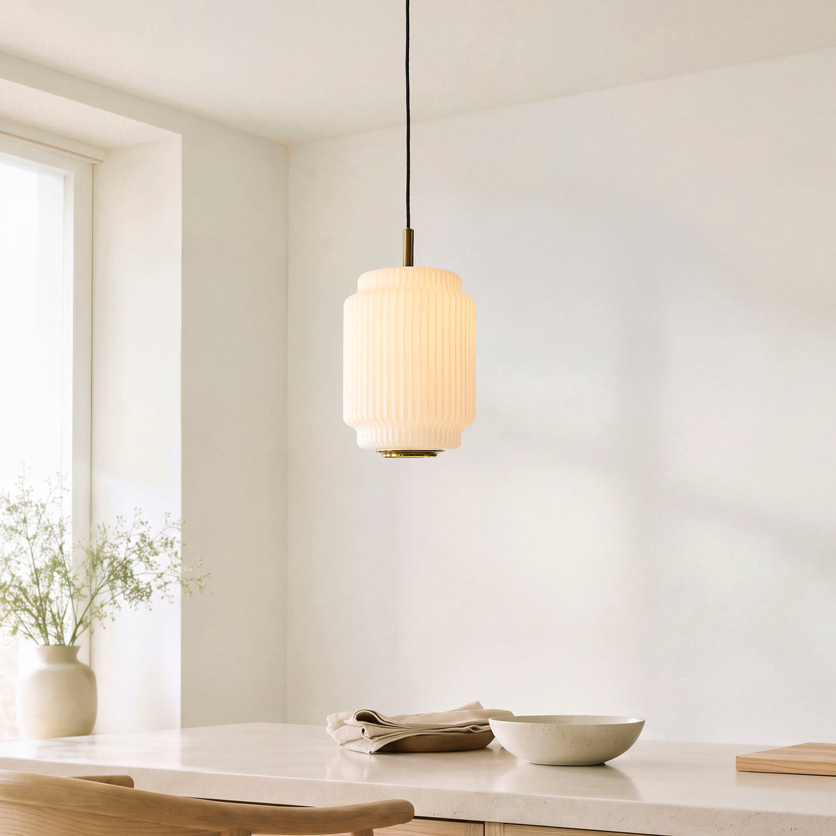 Evora 220 Single Drop Pendant in Brushed Aged Brass with Gloss Opal Ribbed Glass