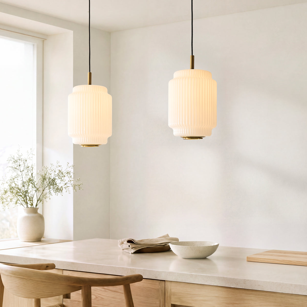 Evora 220 Single Drop Pendant in Brushed Aged Brass with Gloss Opal Ribbed Glass