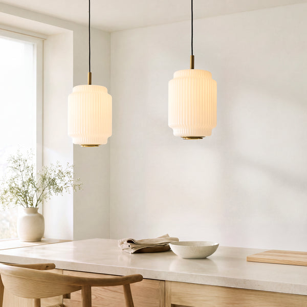 Evora 220 Single Drop Pendant in Brushed Aged Brass with Gloss Opal Ribbed Glass