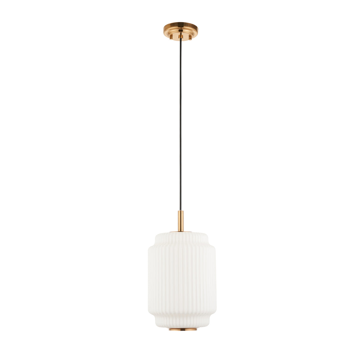 Evora 220 Single Drop Pendant in Brushed Aged Brass with Gloss Opal Ribbed Glass
