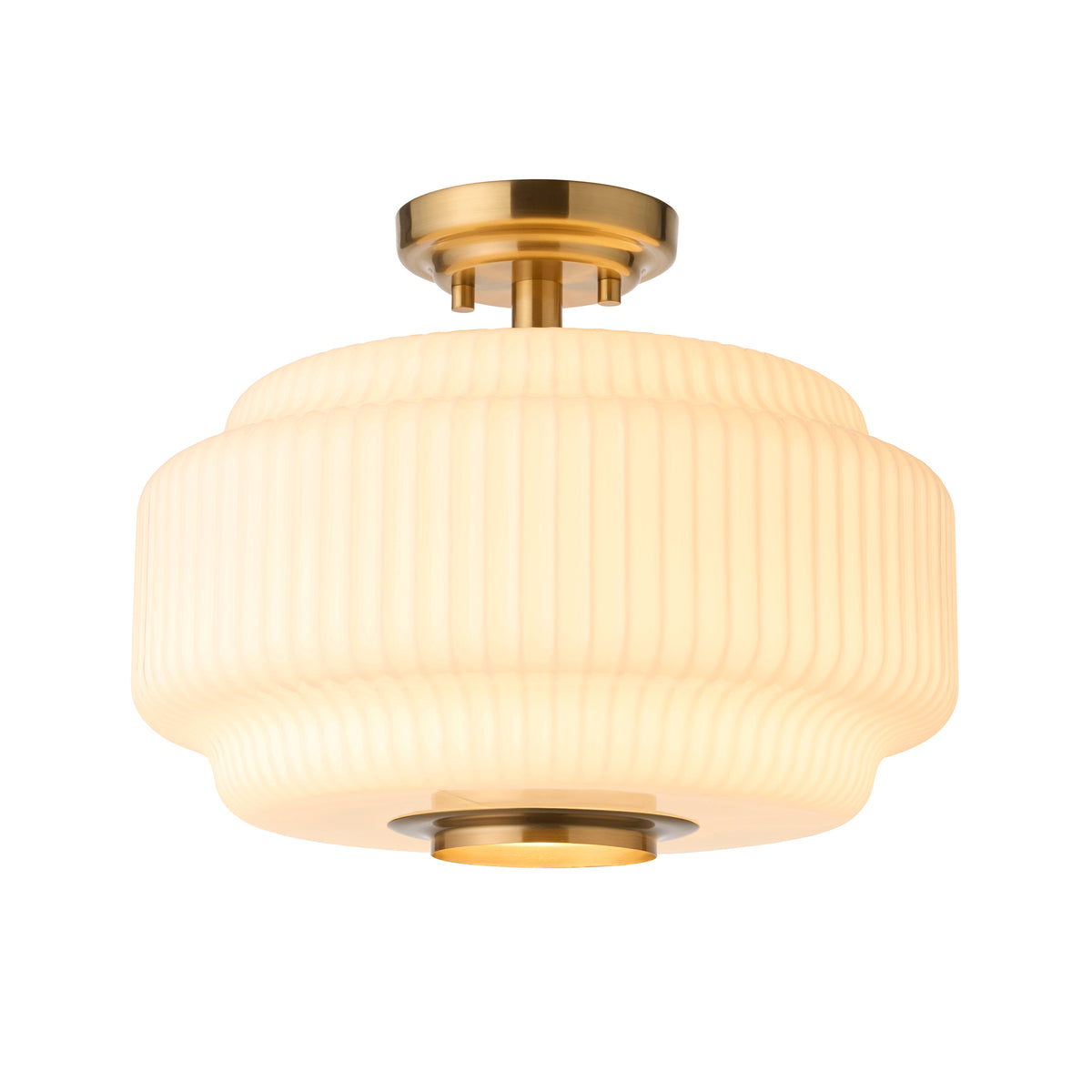 Evora Semi Flush Ceiling Light in Brushed Aged Brass with Gloss Opal Ribbed Glass
