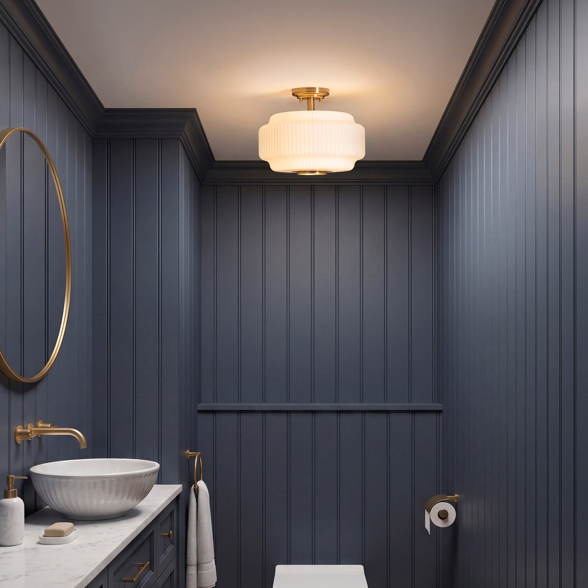 Evora Semi Flush Ceiling Light in Brushed Aged Brass with Gloss Opal Ribbed Glass