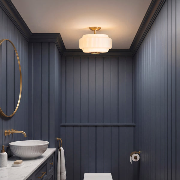 Evora Semi Flush Ceiling Light in Brushed Aged Brass with Gloss Opal Ribbed Glass