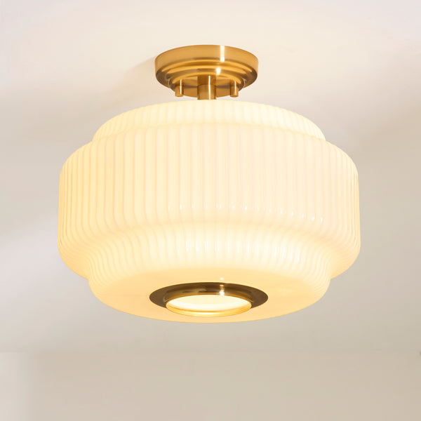 Evora Semi Flush Ceiling Light in Brushed Aged Brass with Gloss Opal Ribbed Glass