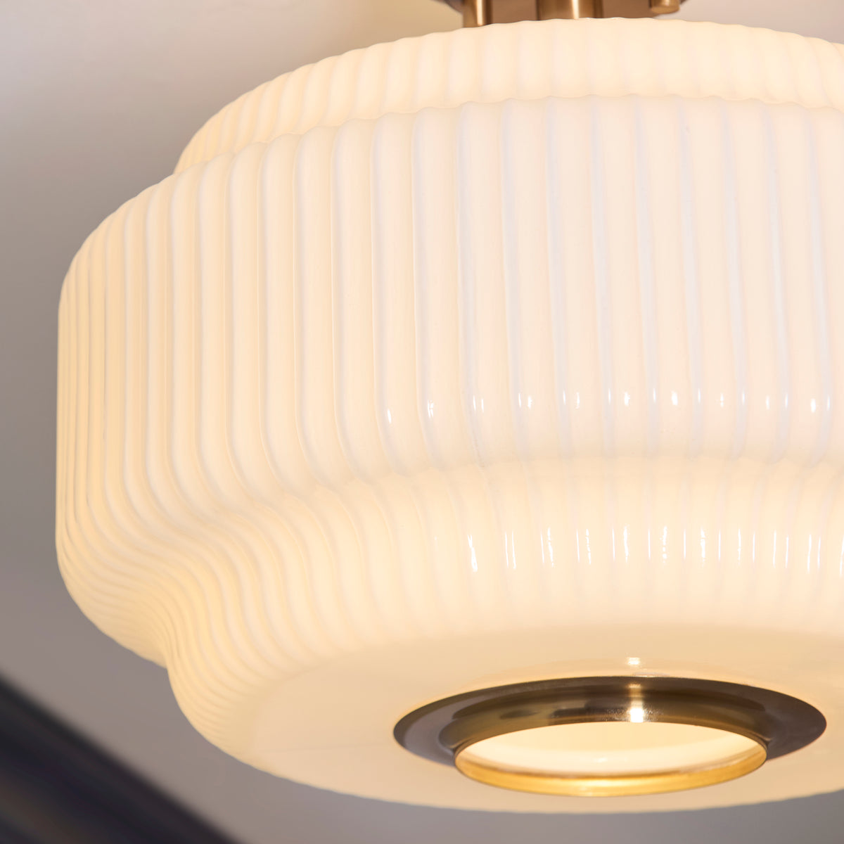 Evora Semi Flush Ceiling Light in Brushed Aged Brass with Gloss Opal Ribbed Glass