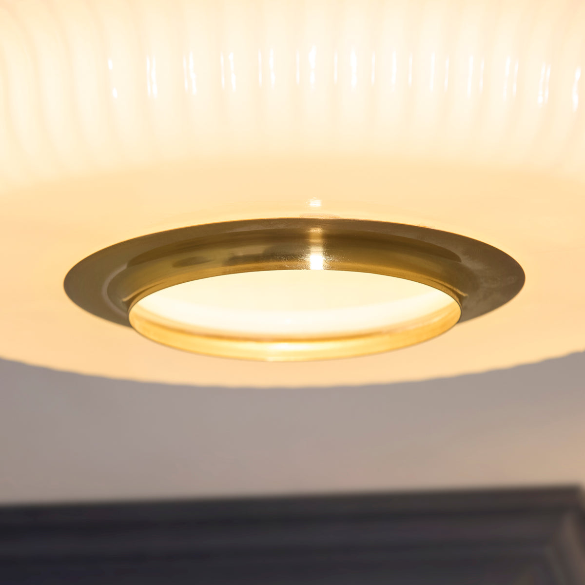 Evora Semi Flush Ceiling Light in Brushed Aged Brass with Gloss Opal Ribbed Glass