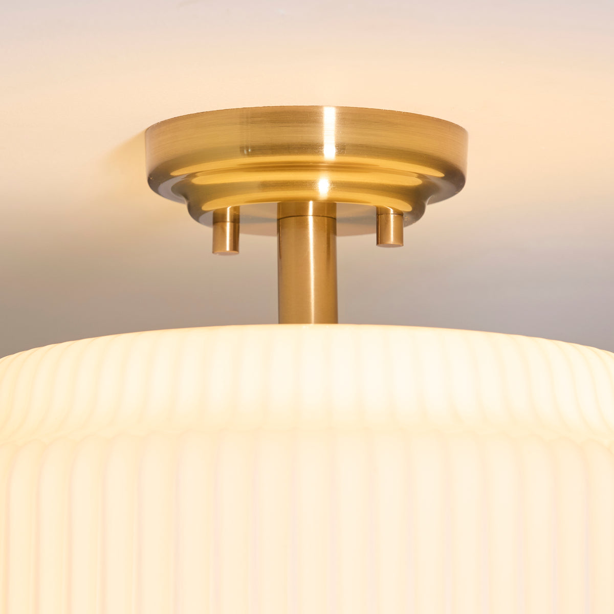 Evora Semi Flush Ceiling Light in Brushed Aged Brass with Gloss Opal Ribbed Glass