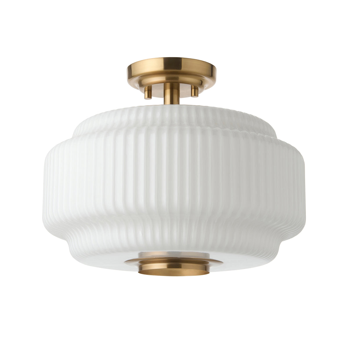 Evora Semi Flush Ceiling Light in Brushed Aged Brass with Gloss Opal Ribbed Glass