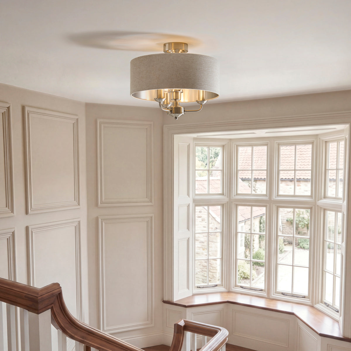 Highclere Three Light Semi Flush in Brushed Chrome with Natural Shade
