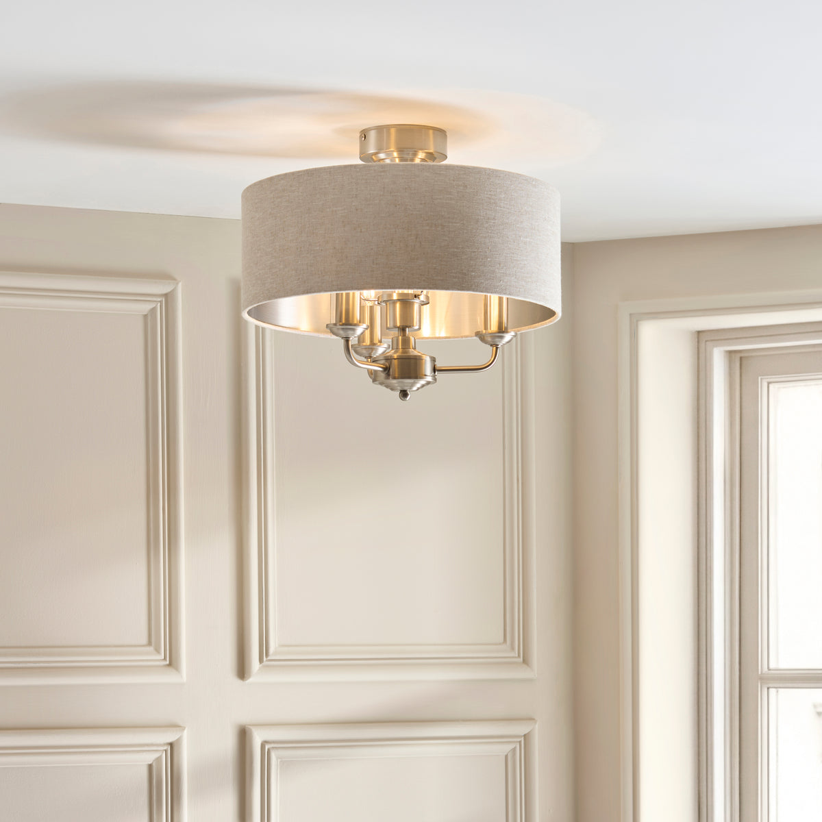 Highclere Three Light Semi Flush in Brushed Chrome with Natural Shade