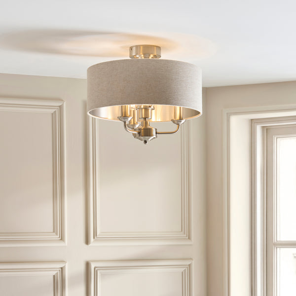 Highclere Three Light Semi Flush in Brushed Chrome with Natural Shade