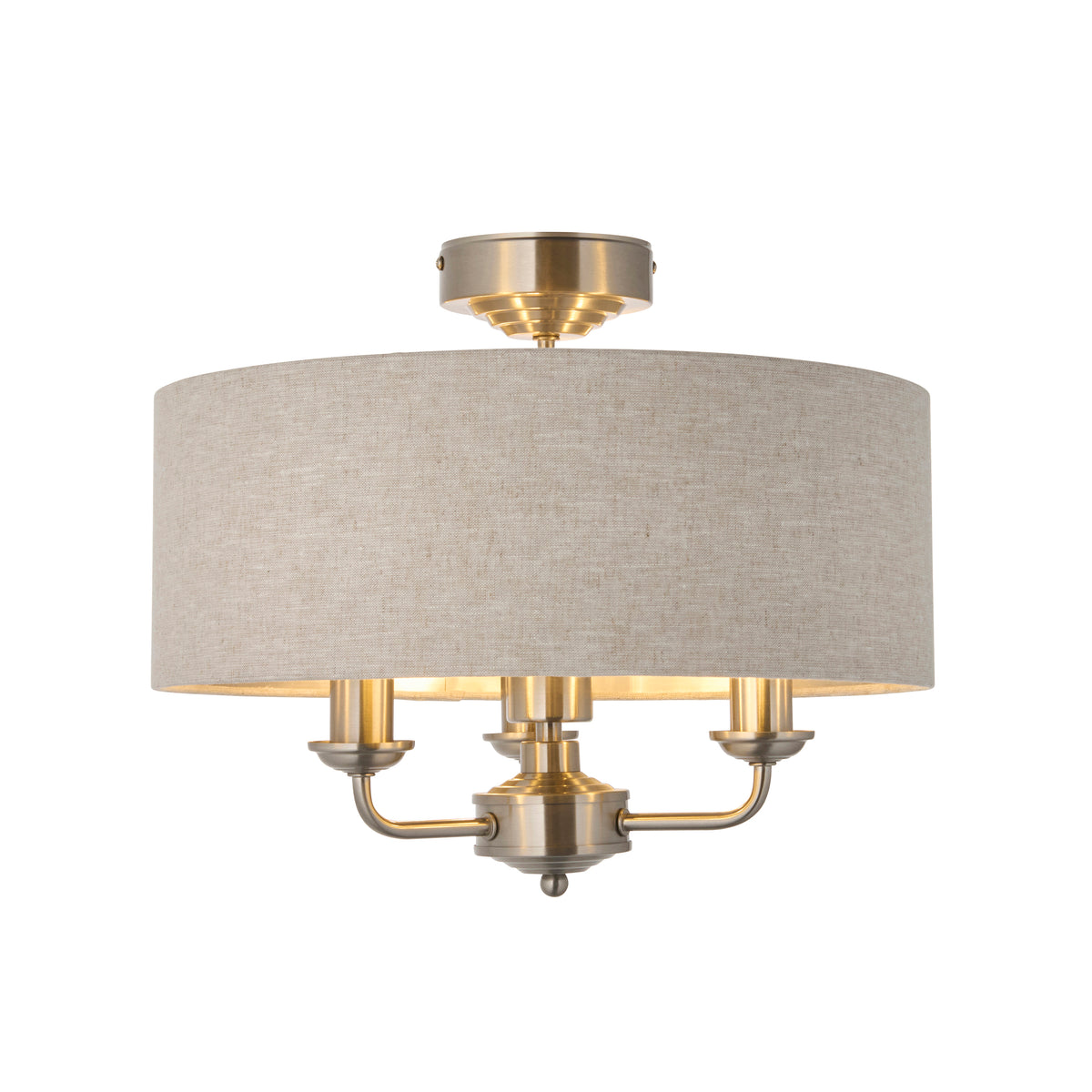 Highclere Three Light Semi Flush in Brushed Chrome with Natural Shade