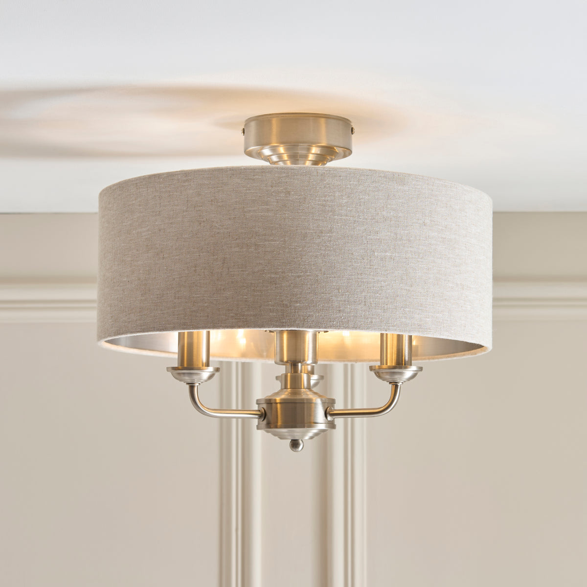 Highclere Three Light Semi Flush in Brushed Chrome with Natural Shade
