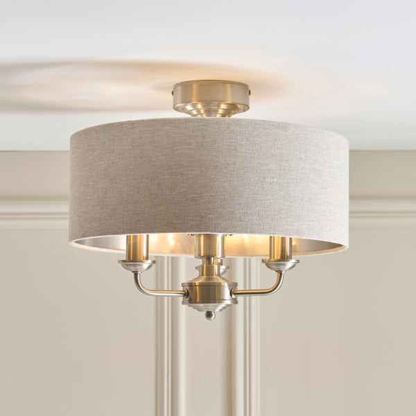 Highclere Three Light Semi Flush in Brushed Chrome with Natural Shade