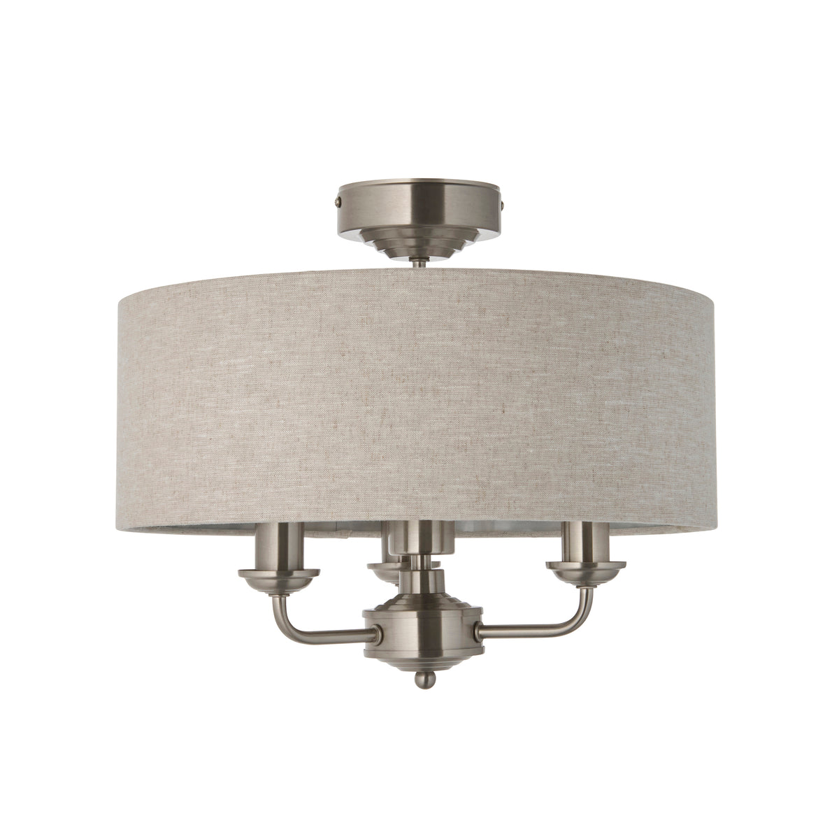 Highclere Three Light Semi Flush in Brushed Chrome with Natural Shade
