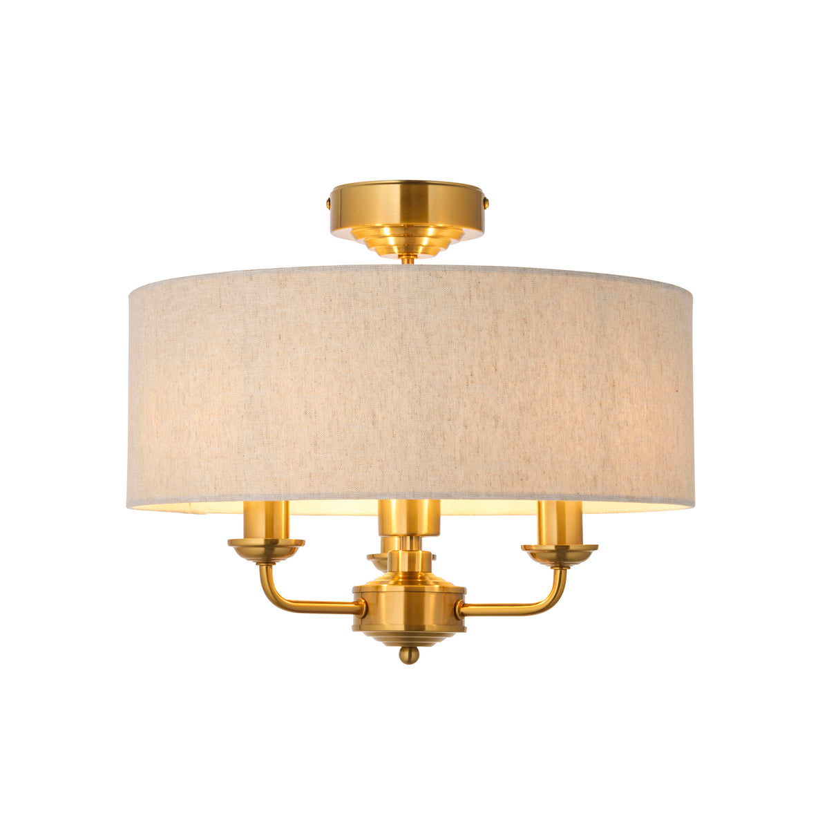 Highclere Three Light Semi Flush in Vintage Brass with Natural Shade