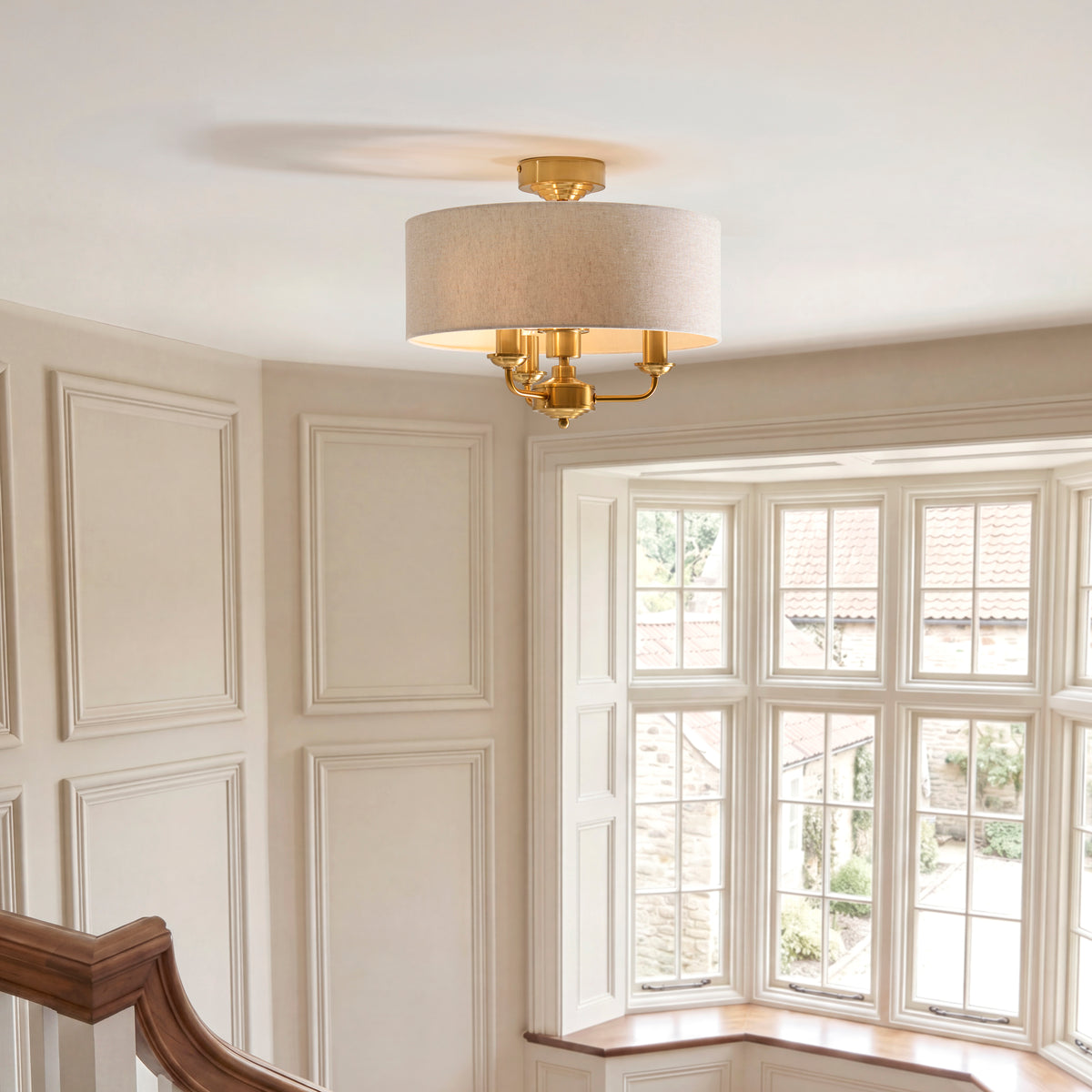 Highclere Three Light Semi Flush in Vintage Brass with Natural Shade