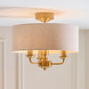 Highclere Three Light Semi Flush in Vintage Brass with Natural Shade