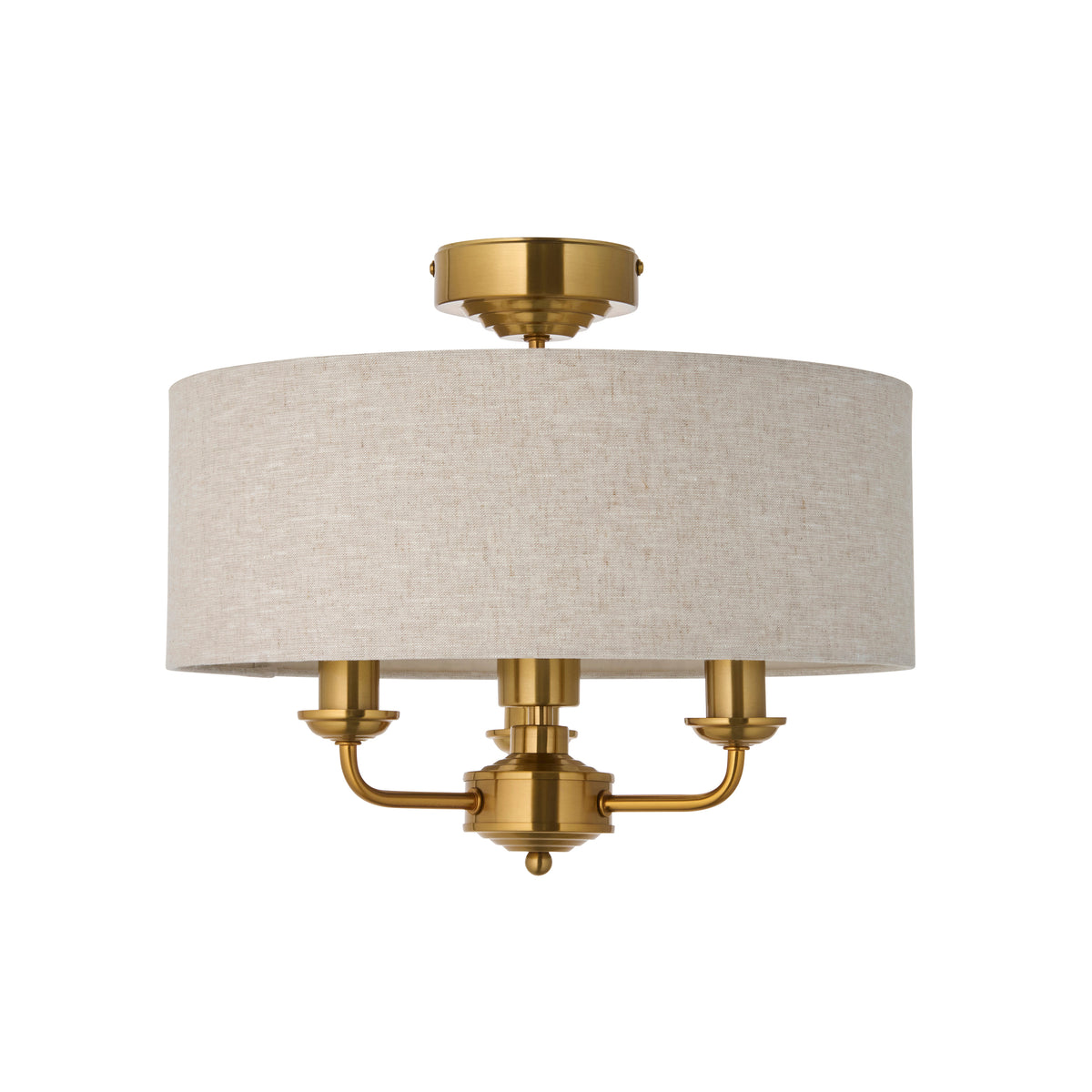 Highclere Three Light Semi Flush in Vintage Brass with Natural Shade
