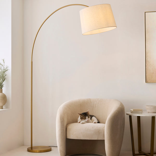 Carlson XL Arch Floor Lamp in Warm Brass with Natural Fabric Shade