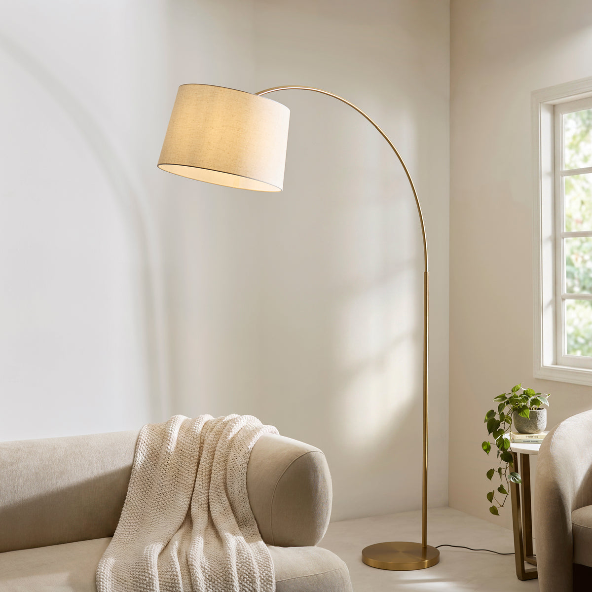 Carlson XL Arch Floor Lamp in Warm Brass with Natural Fabric Shade