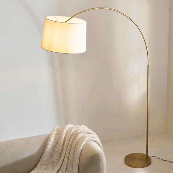 Carlson XL Arch Floor Lamp in Warm Brass with Natural Fabric Shade