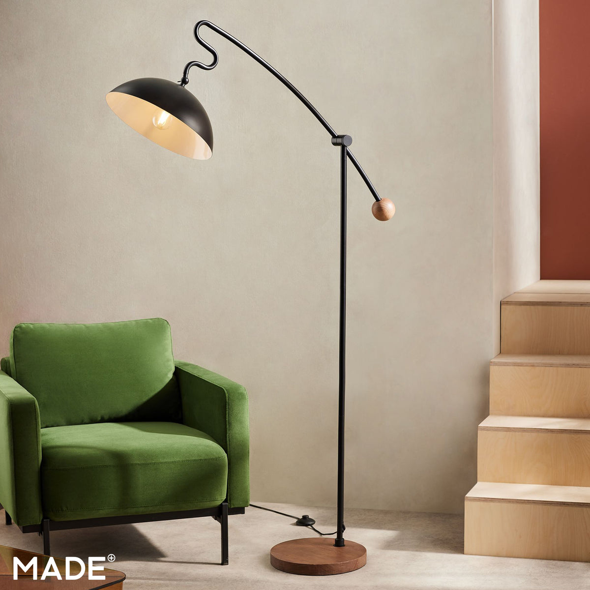 Avery Adjustable Floor Lamp in Matt Black with Rubberwood Detail