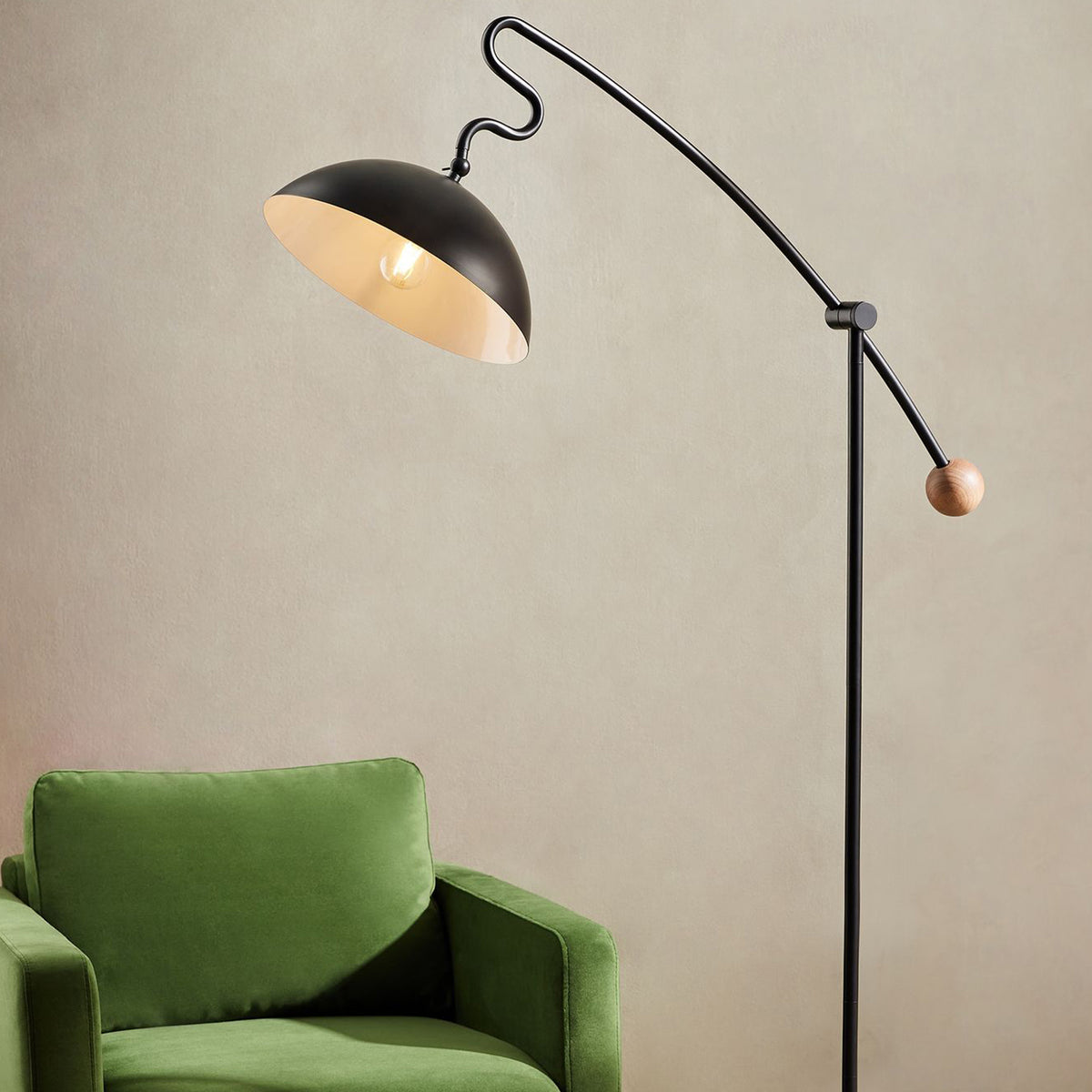 Avery Adjustable Floor Lamp in Matt Black with Rubberwood Detail