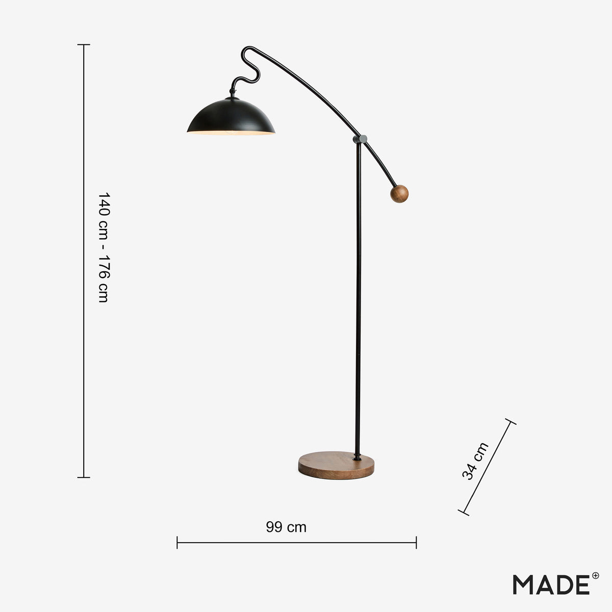 Avery Adjustable Floor Lamp in Matt Black with Rubberwood Detail