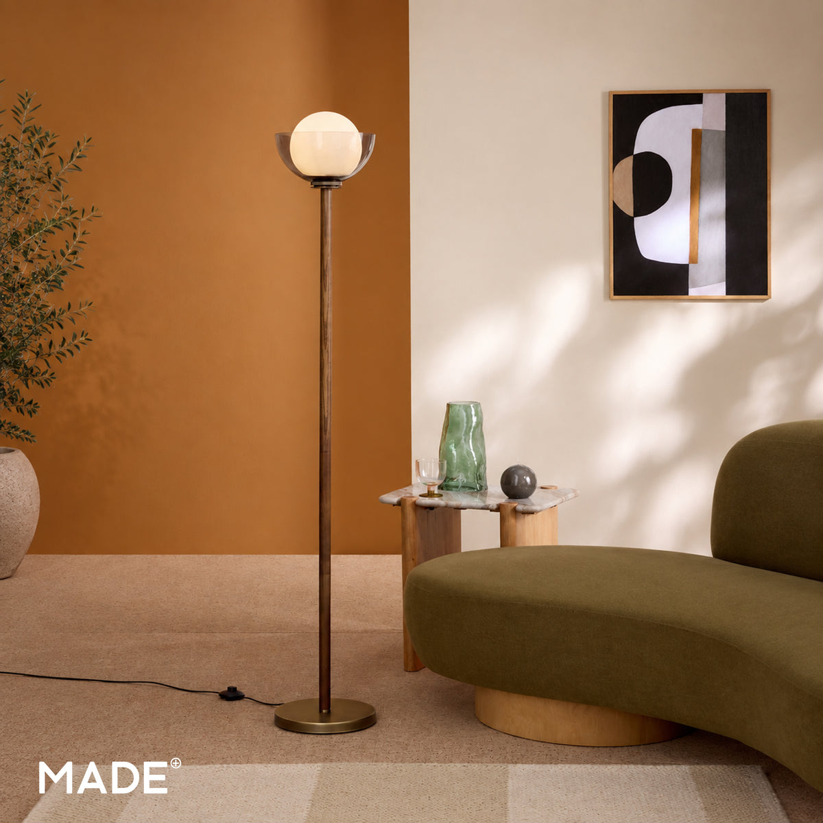 Layla Floor Lamp in Walnut Stained Ash Wood with Smoked & Opal Glass Shade